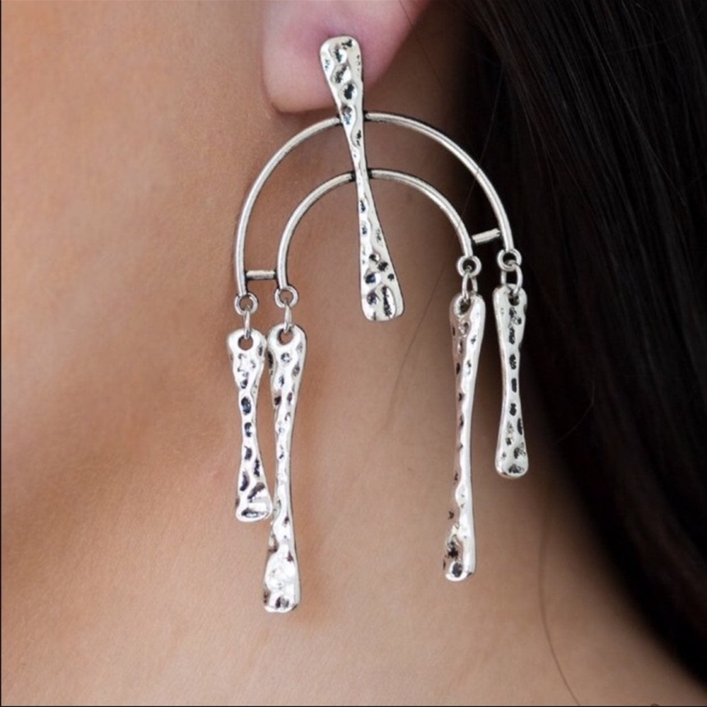 Aztec Artifacts Silver Hammered Arc Dangle Earrings